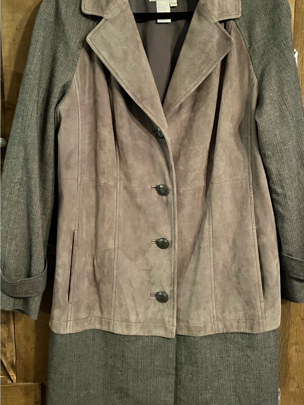 Worth Vintage Two-Tone Taupe/grey Suede Front Trench Coat with Gray Wool